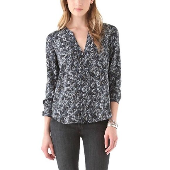 Theory Ruisa Caligula 100% Silk Blouse Long Sleeve V-Neck Women Large Black - Picture 1 of 9